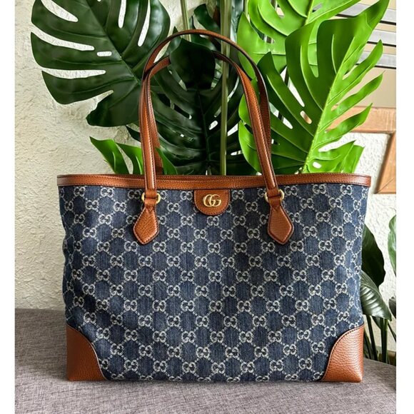 Gucci Ophidia GG Jacquard Denim Blue Brown Tote Bag Italy Leather Handbag New - Picture 1 of 15